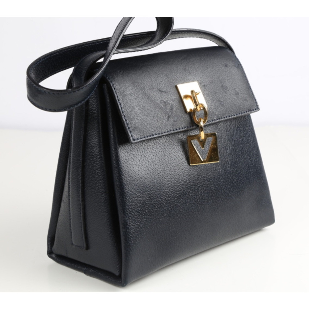 Vintage Mario Valentino Navy Leather Handbag V Logo Gold Hardware Satchel Bag